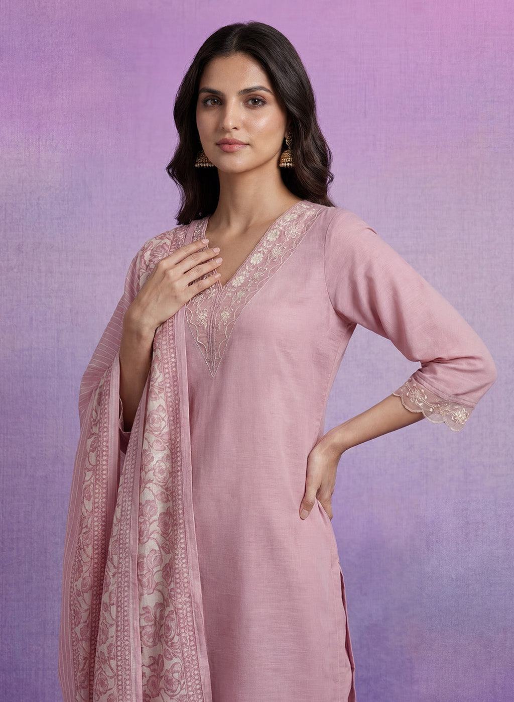 Pink mbroidered Suit Set with Dupatta