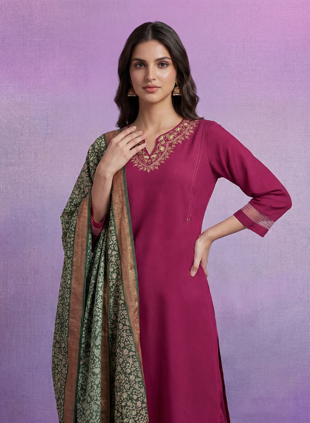 Fuchsia Embroidered Suit Set with contrast Dupatta