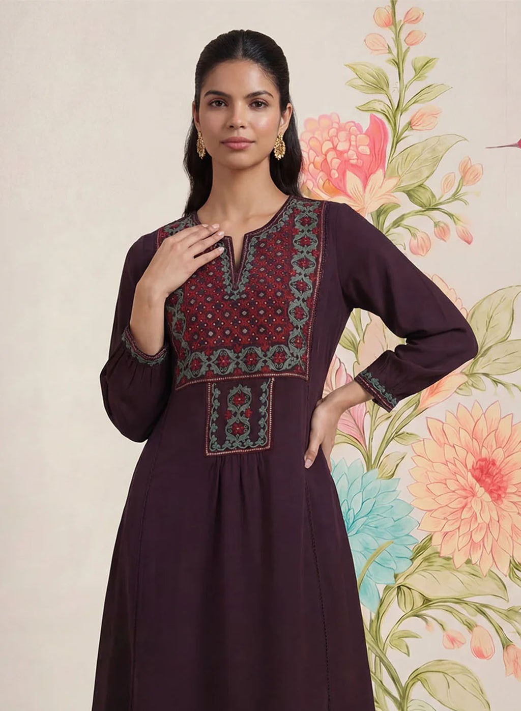 Jugni Wine Embroidered A-line Kurta