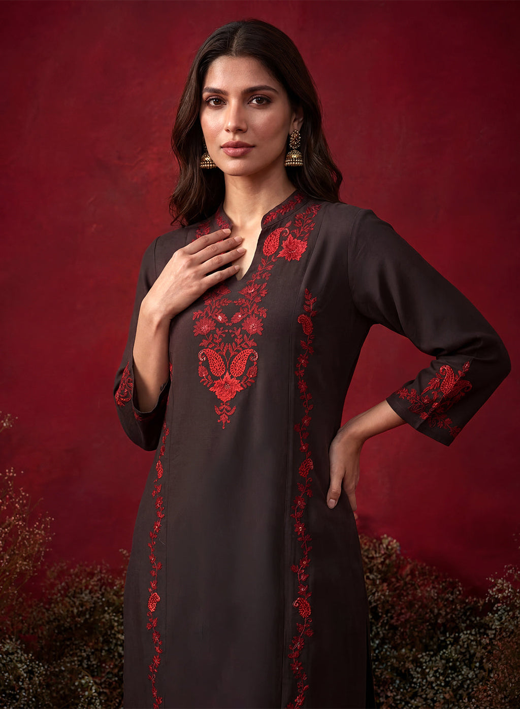 Brown Embroidered Cotton Blend Everyday Kurta