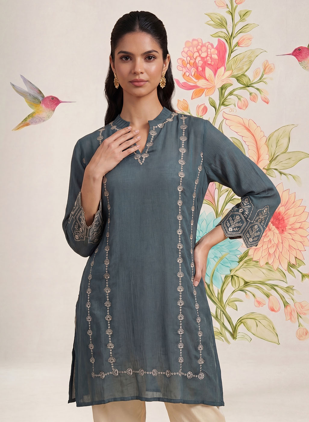 Akshi Teal Embroidered A-line Linen-blend Tunic