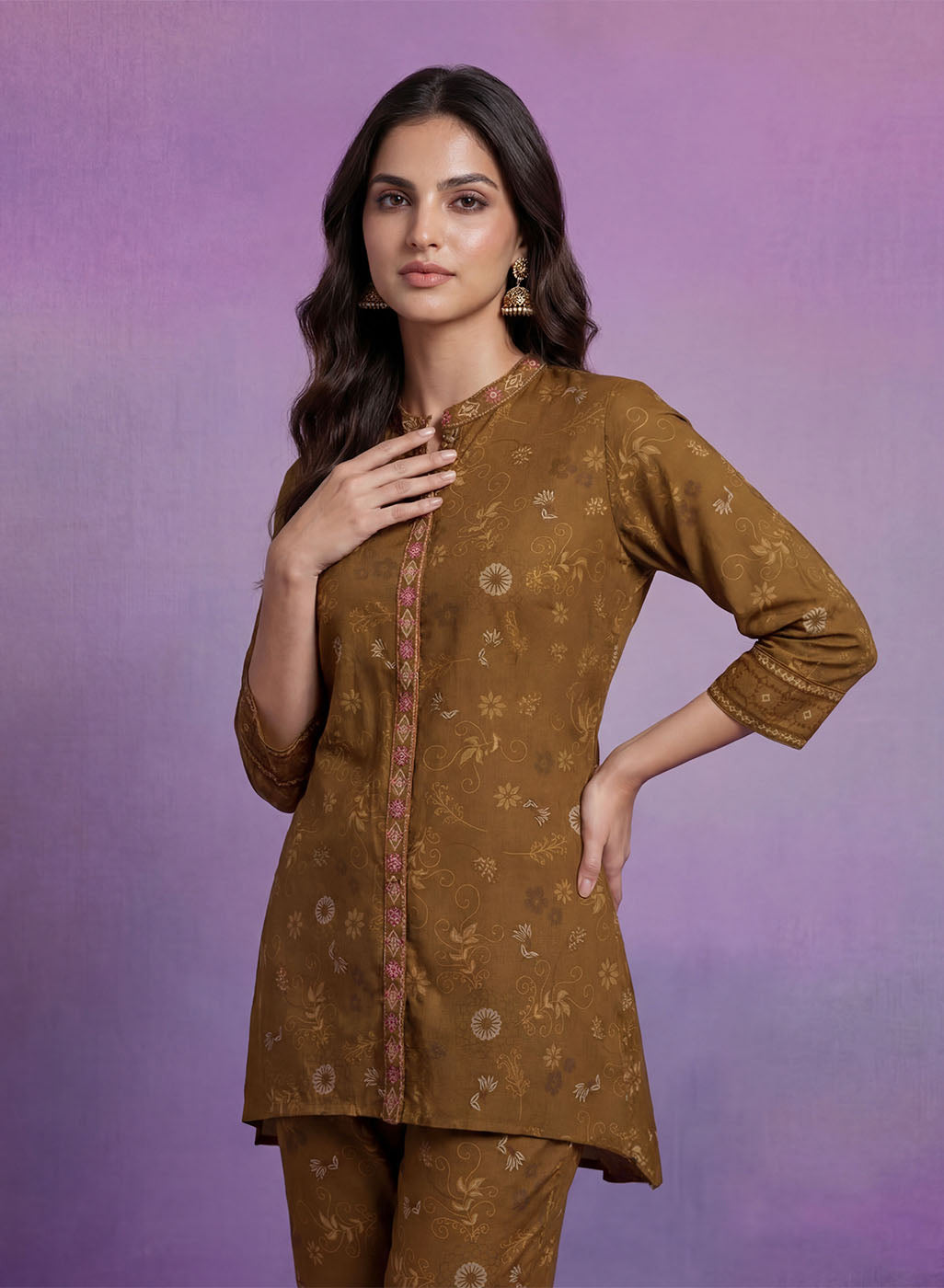 Olive Embroidered Panelled Co-ord Set