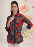 Survani Navy Floral Printed Cotton Shirt
