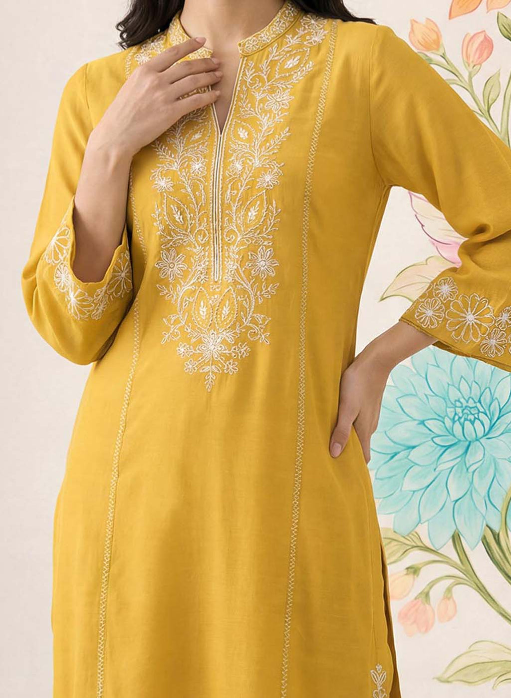 Saroja Yellow Embroidered A-line Kurta Set
