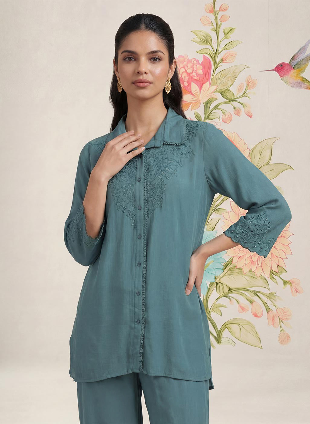 Zoa Teal Monochrome Embroidered Co-ord Set
