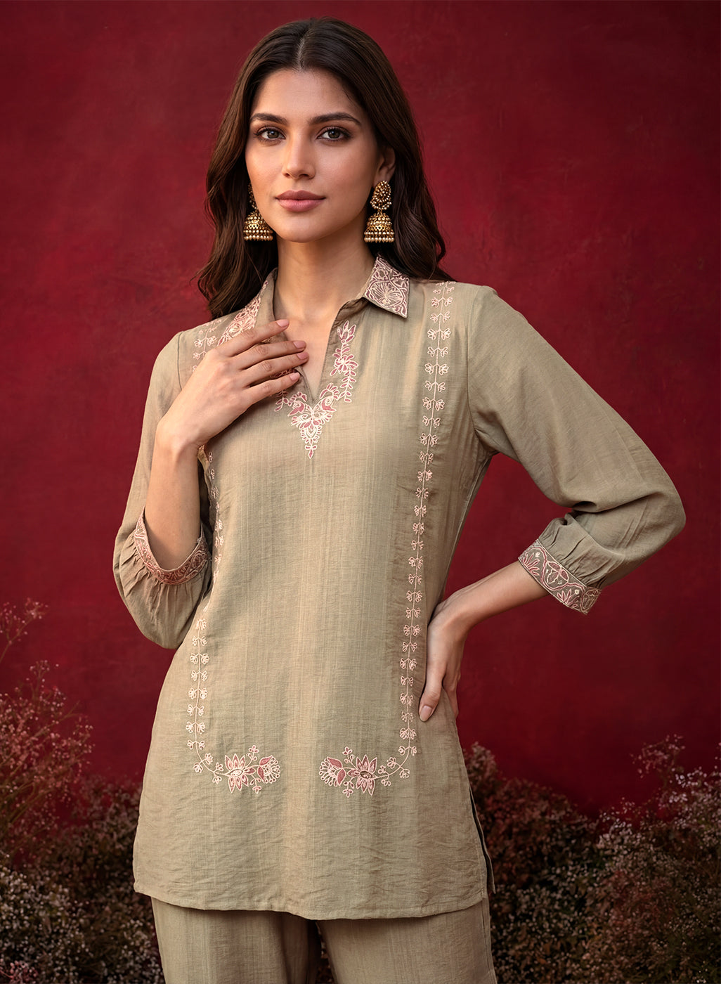 Green Embroidered Cotton Blend Regular Co-ord Set