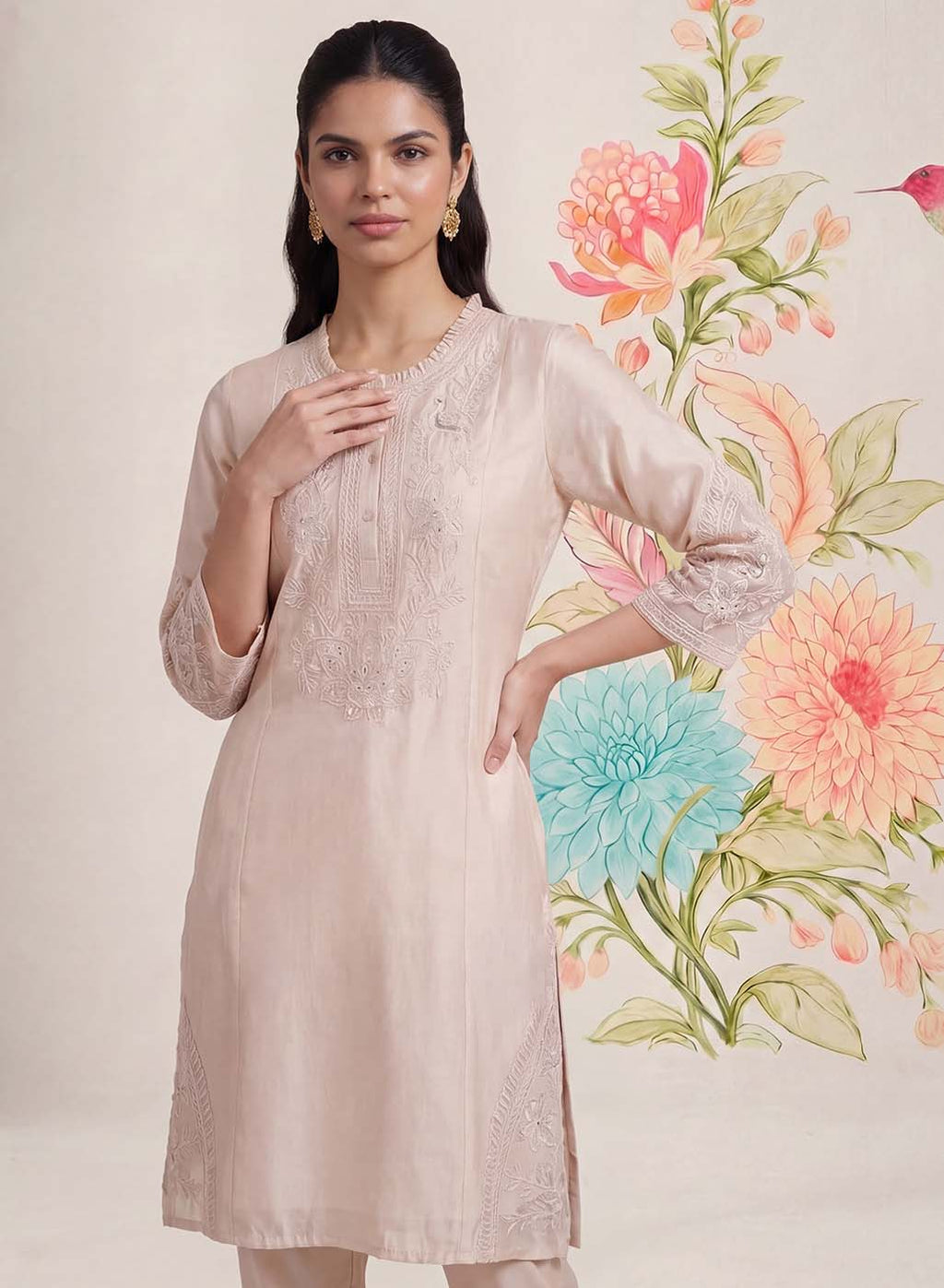 Suroor Light Beige Embroidered Chanderi Kurta Set