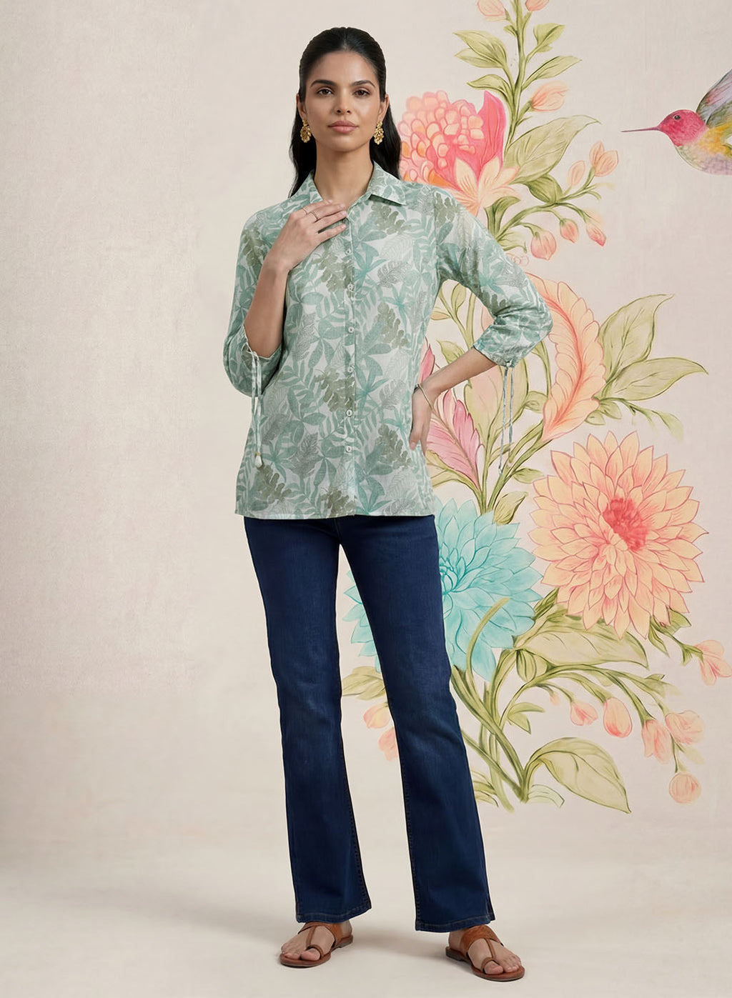 Aro Mint Green Floral Printed Shirt