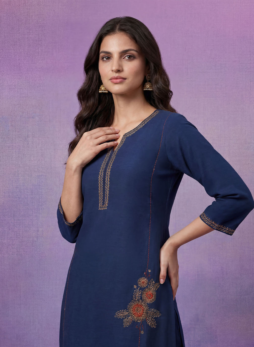 Blue Cotton Blend Embroidered Kurta Set