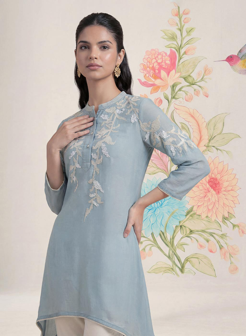 Intira Blue Embroidered A-line Kurta
