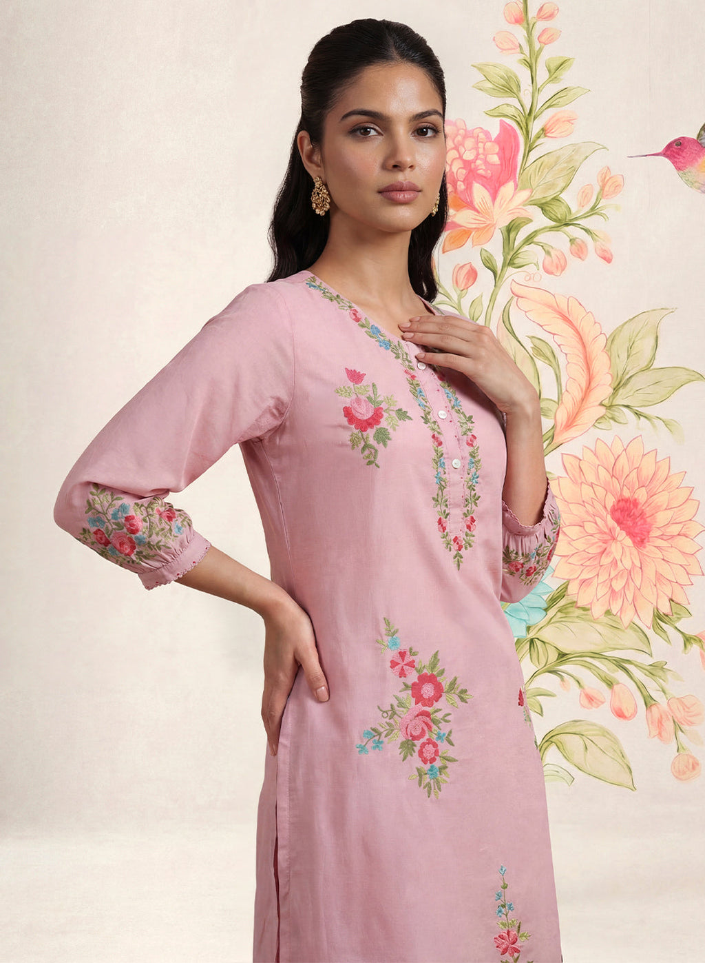 Saavan Pink Embroidered Cotton blend Kurta Set