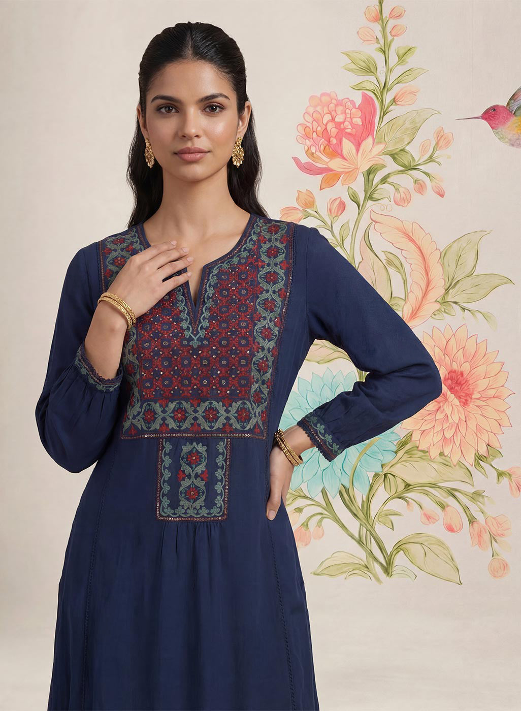 Jugni Navy Embroidered A-line Kurta