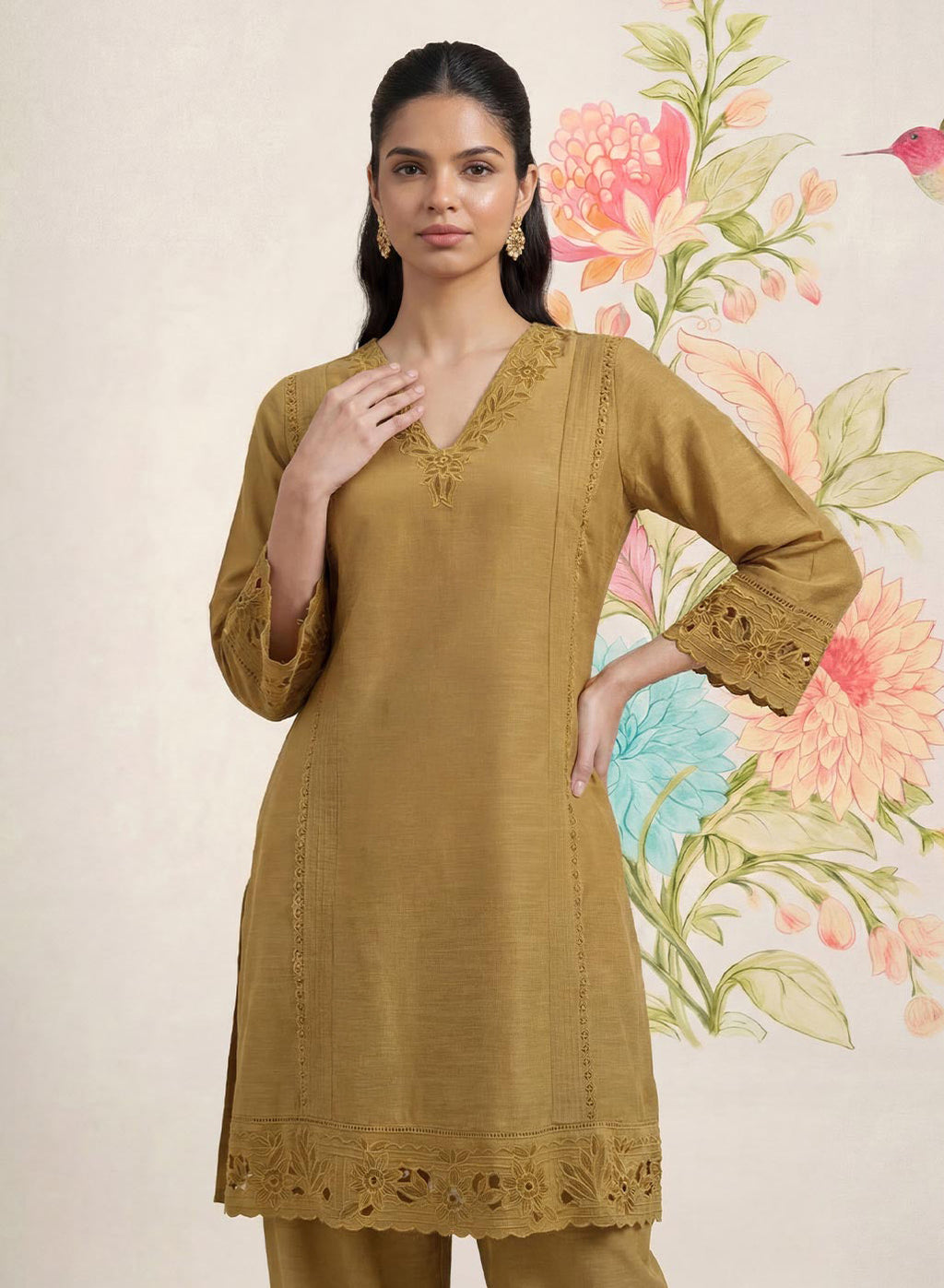 Shayeri Olive Embroidered A-line Kurta Set