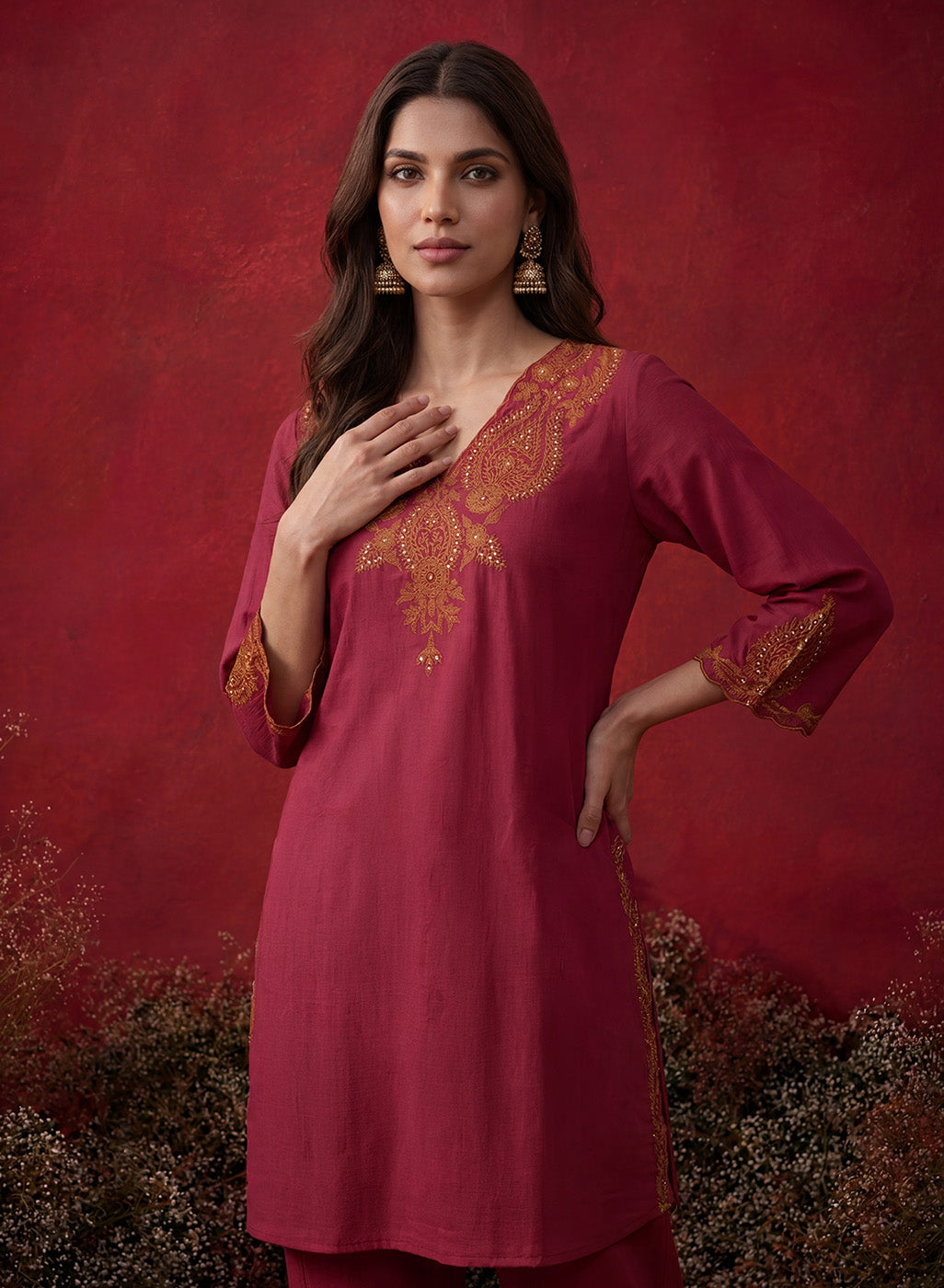Fuchsia Embroidered Cotton Blend Regular Kurta Set