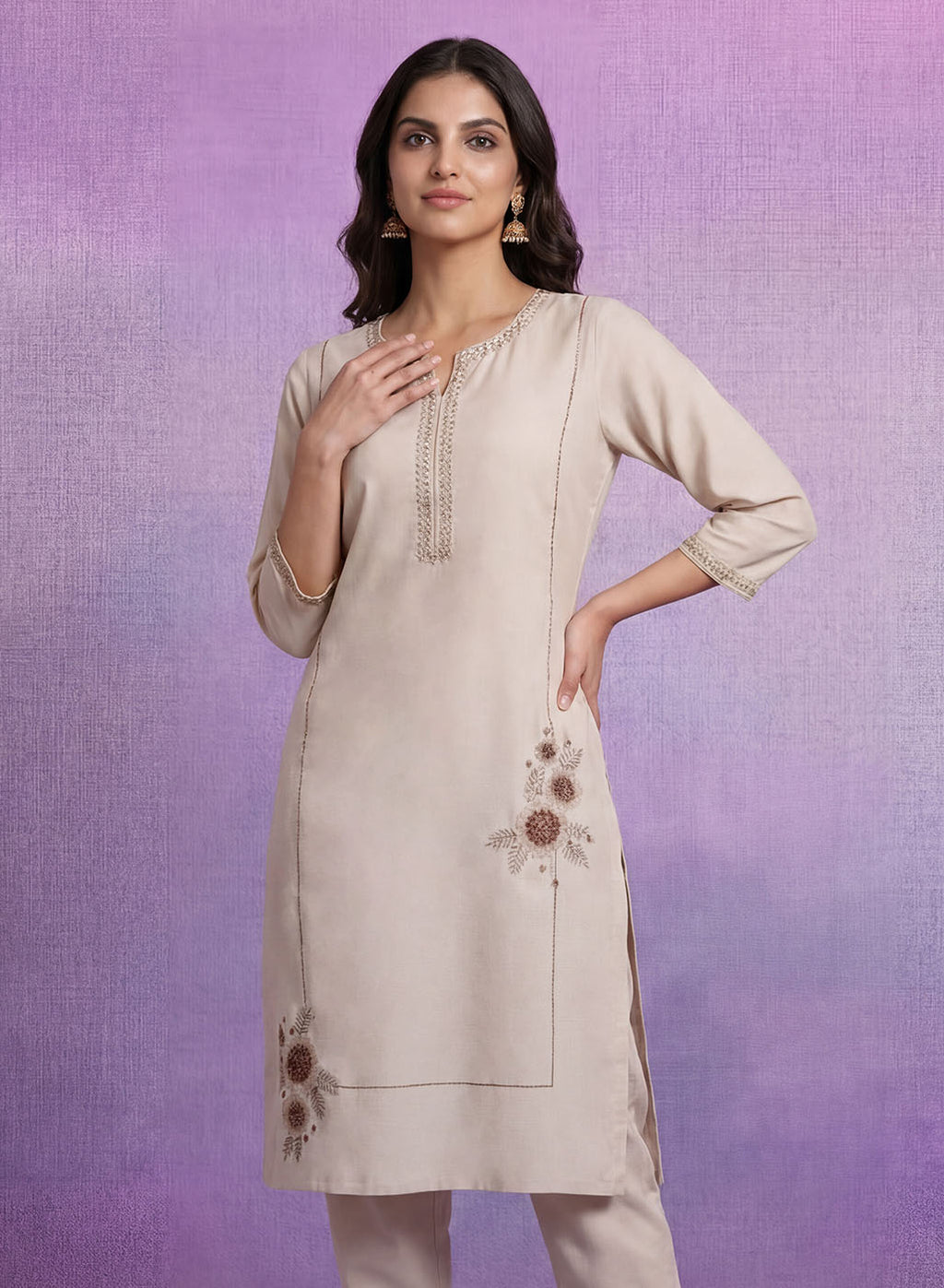 Ivory Cotton Blend Embroidered Kurta Set