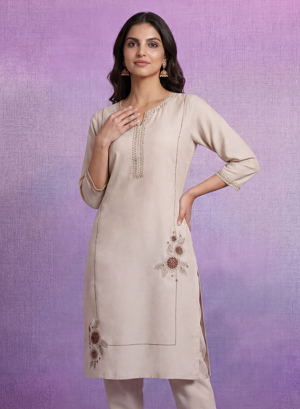 Ivory Cotton Blend Embroidered Kurta Set