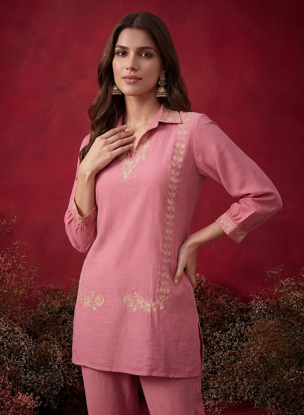 Peach Embroidered Cotton Blend Regular Co-ord Set