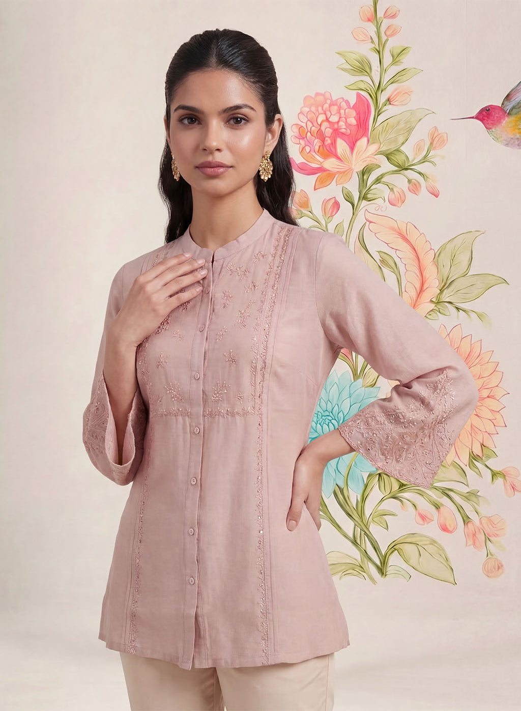 Tiri Baby Pink Monochrome Embroidered Shirt