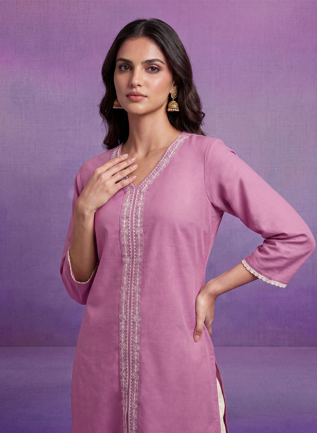 Lavender Embroidered Straight Kurta Set