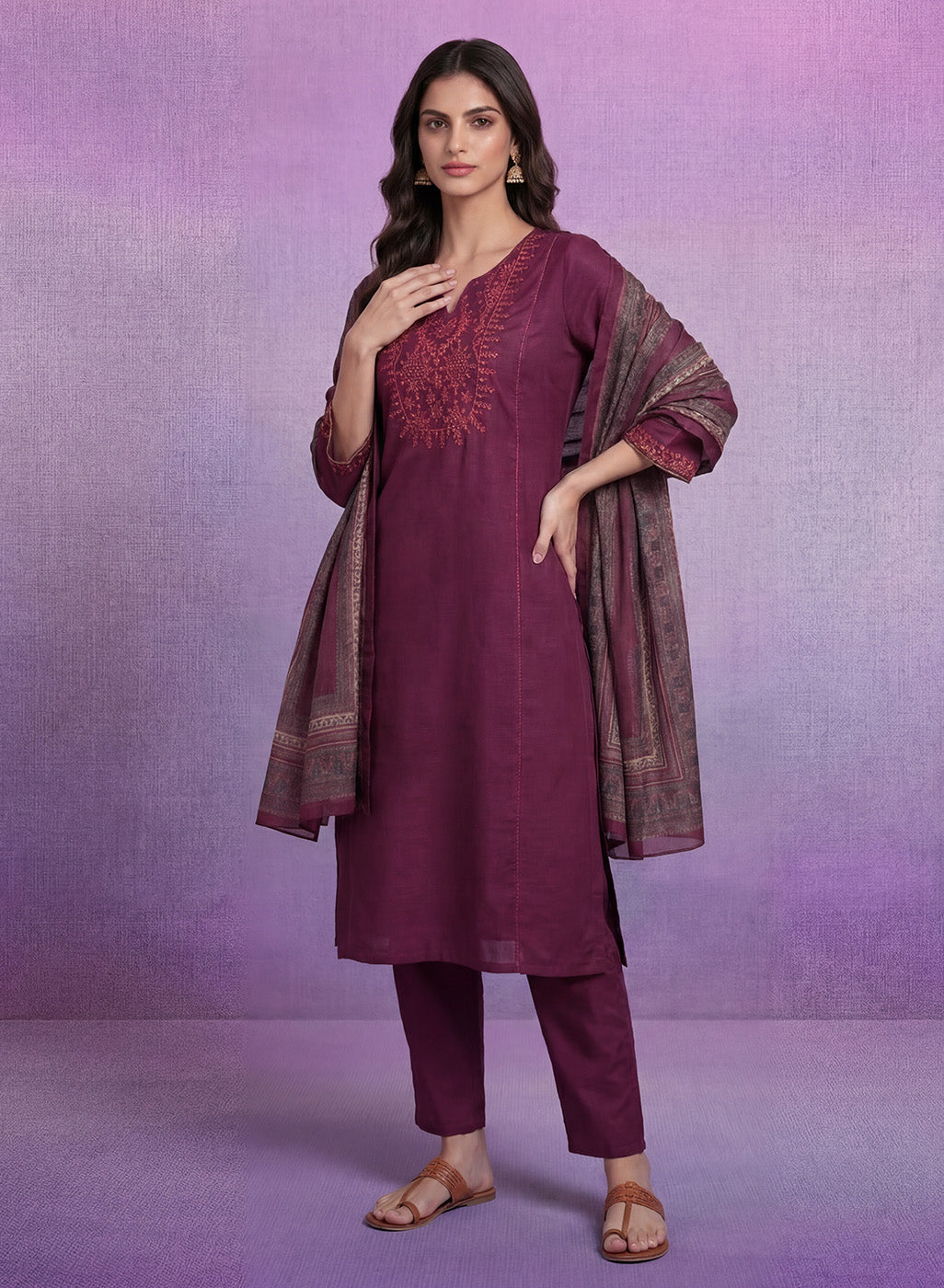 Wine Embroidered Suit Set with Dupatta