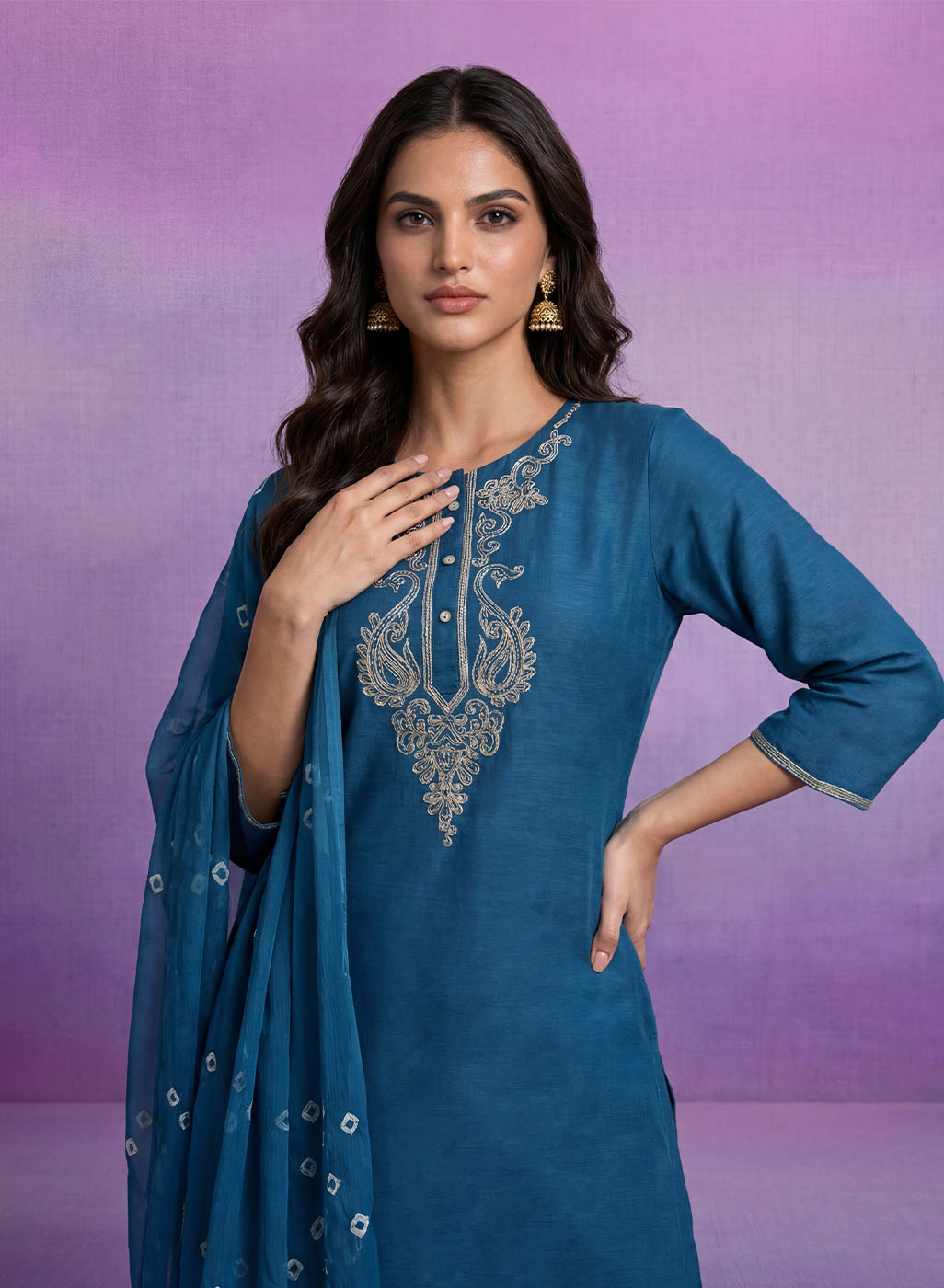 Blue Embroidered Straight Suit Set with Dupatta