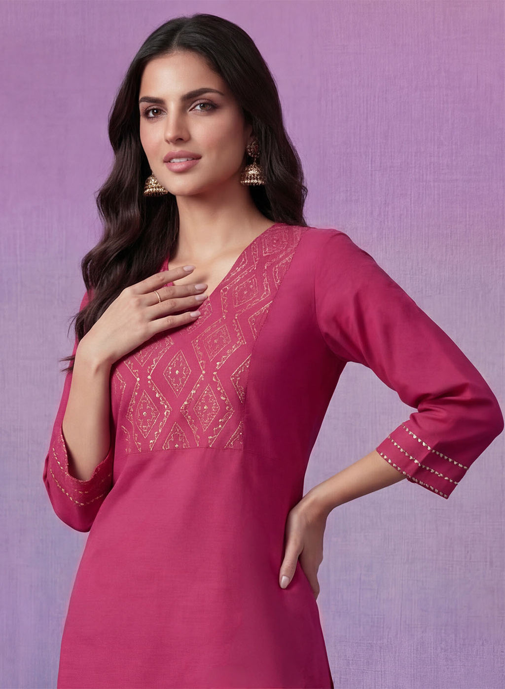Fuchsia Cotton Blend Embroidered Kurta Set