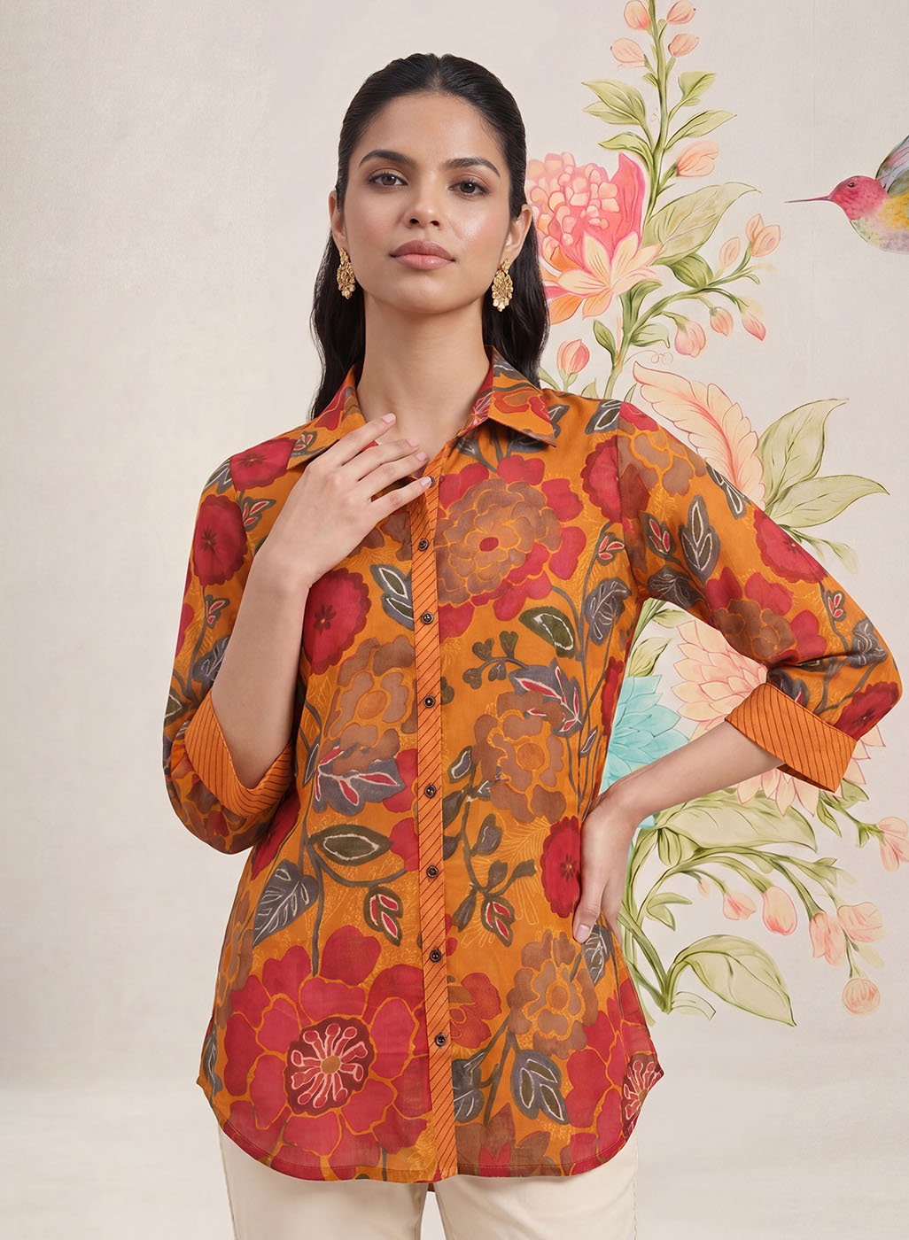 Survani Mustard Floral Printed Cotton Shirt