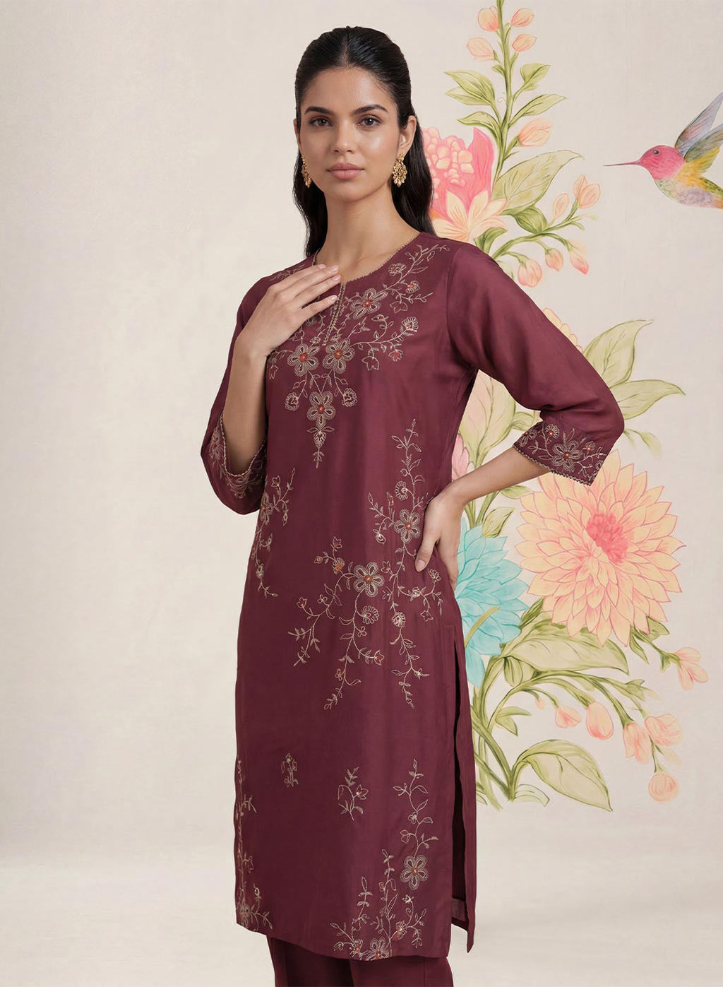 Jogan Maroon Embroidered Chanderi Kurta Set