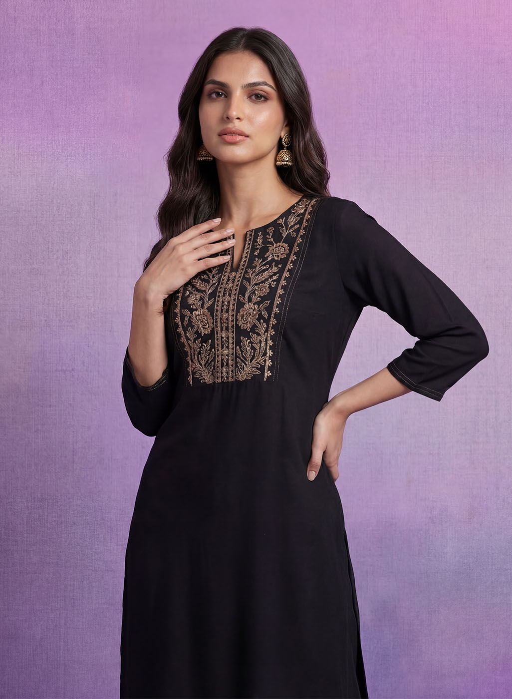 Black Cotton Blend Embroidered Co-ord Set