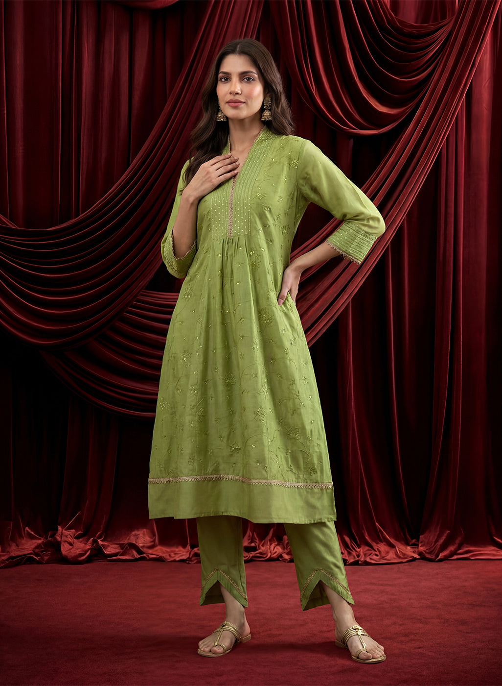 Spring Green Embroidered Chanderi Suit Set