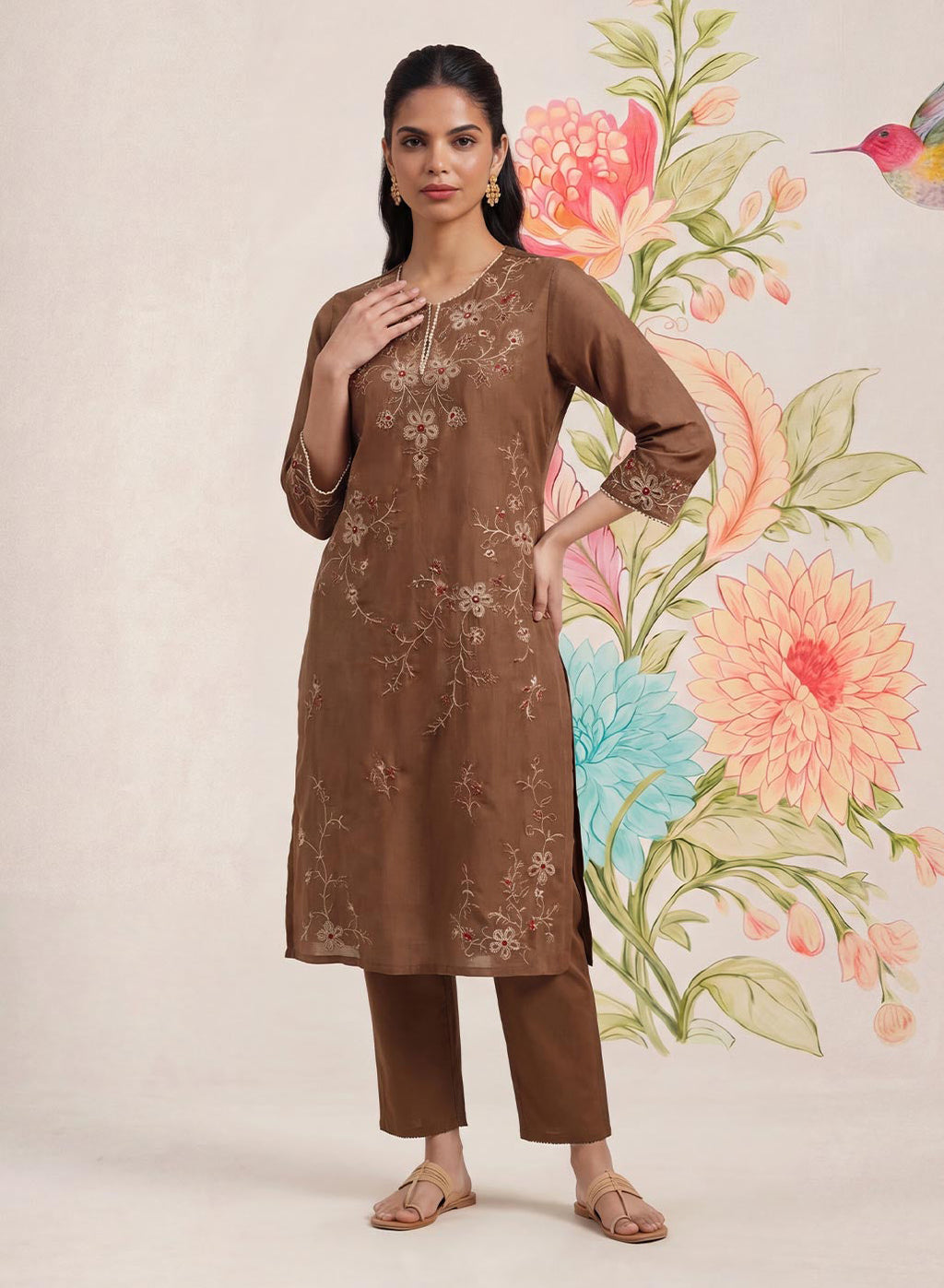 Jogan Brown Embroidered Chanderi Kurta Set