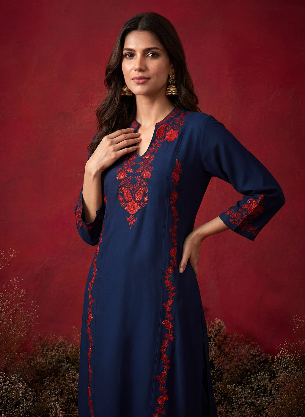Navy Blue Embroidered Cotton Blend Everyday Kurta