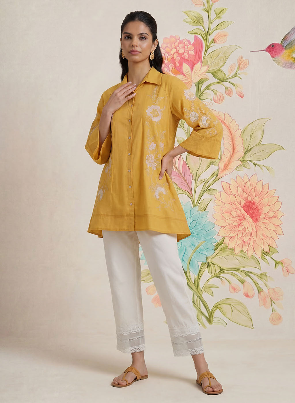 Maitri Mustard Embroidered A-line Tunic
