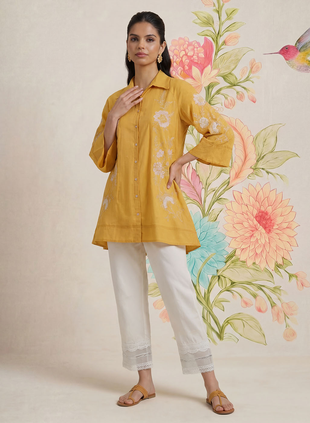 Maitri Mustard Embroidered A-line Tunic