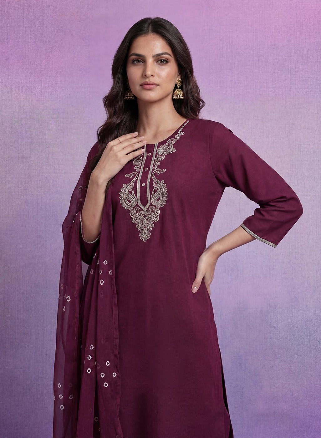 Wine Embroidered Straight Suit Set with Dupatta