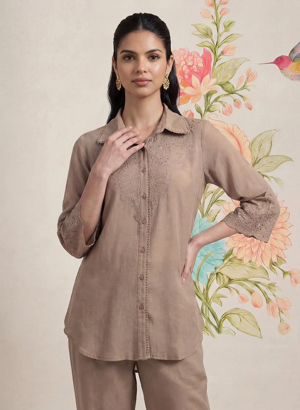 Zoa Beige Monochrome Embroidered Co-ord Set