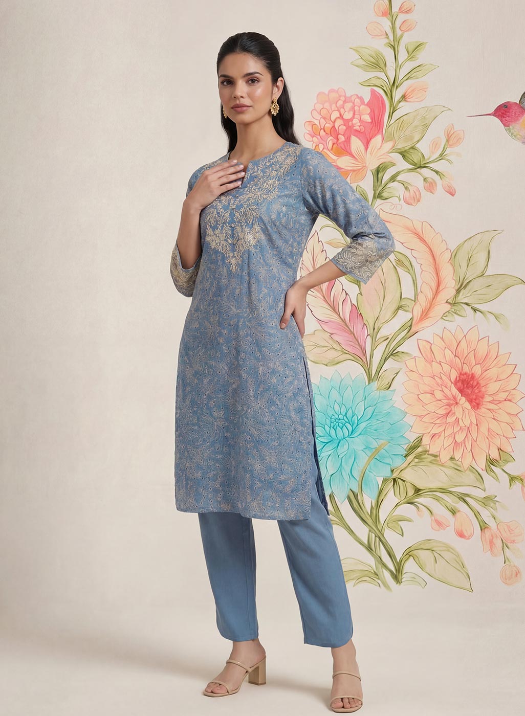 Iraavat Blue Embroidered Cotton Kurta Set