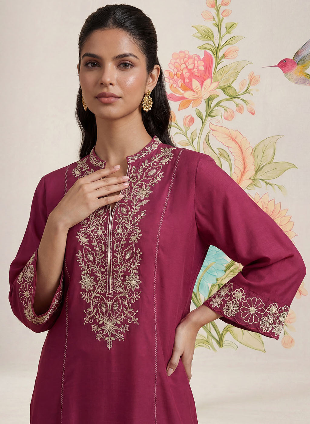 Saroja Dark Fuchsia Embroidered A-line Kurta Set