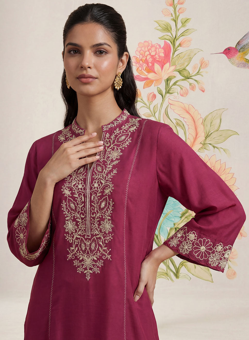 Saroja Dark Fuchsia Embroidered A-line Kurta Set