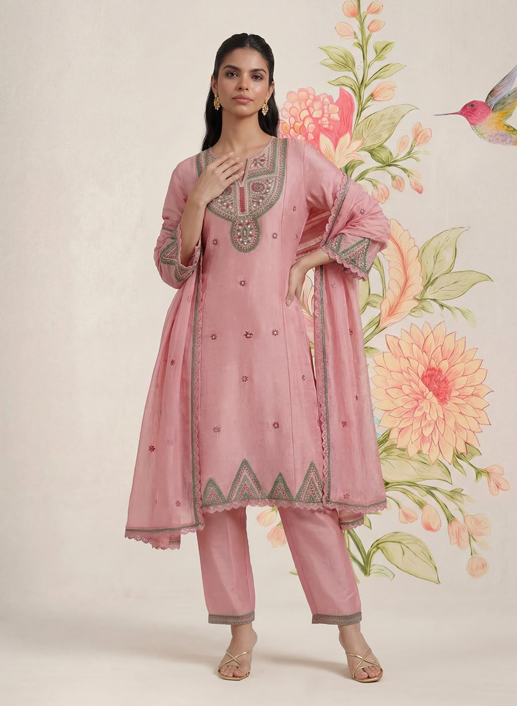 Albeli Baby Pink Embroidered A-line Suit Set with Dupatta
