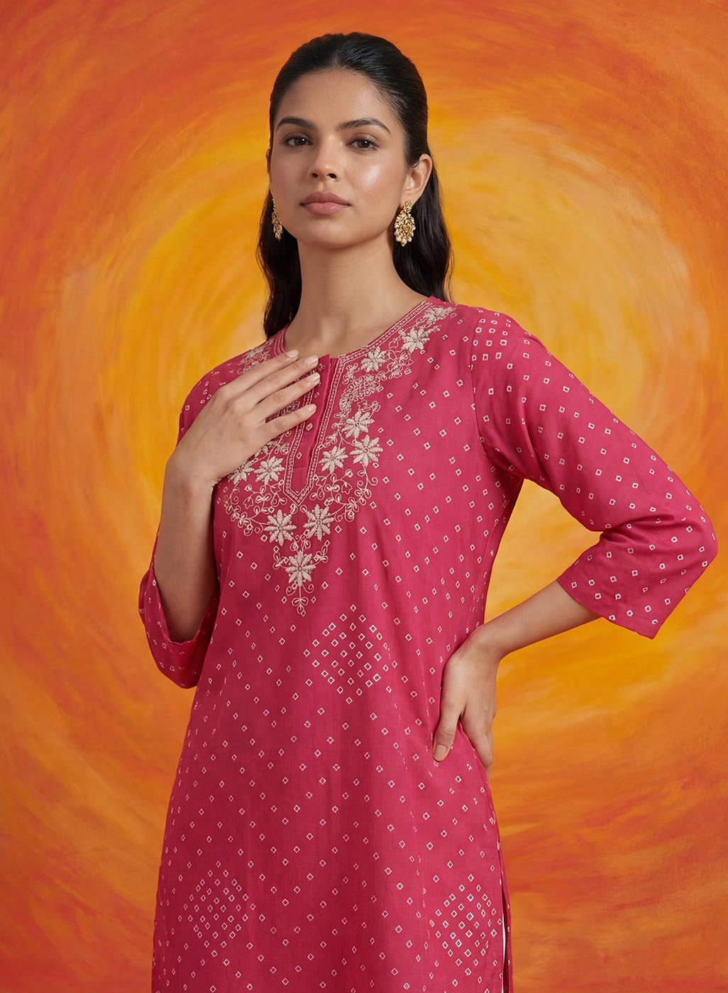 Khas Fuchsia Bandhni Printed Straight Kurta