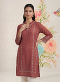 Akshi Red Embroidered A-line Linen-blend Tunic