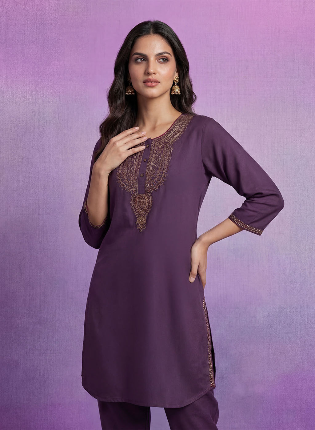 Purple Embroidered Suit Set and Dupatta