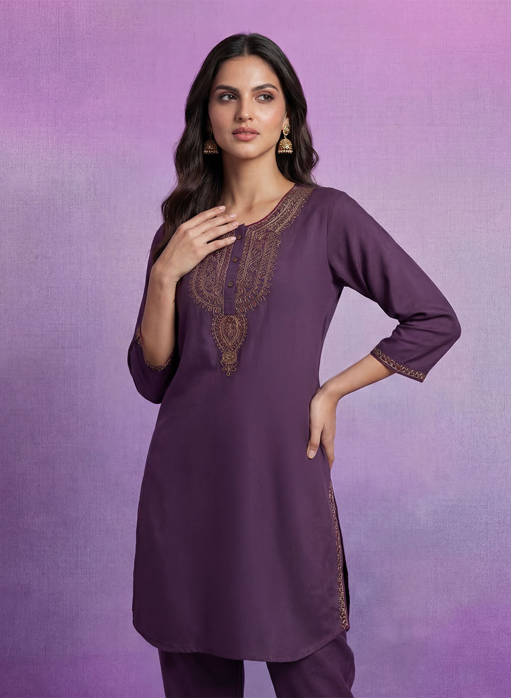 Purple Embroidered Suit Set and Dupatta