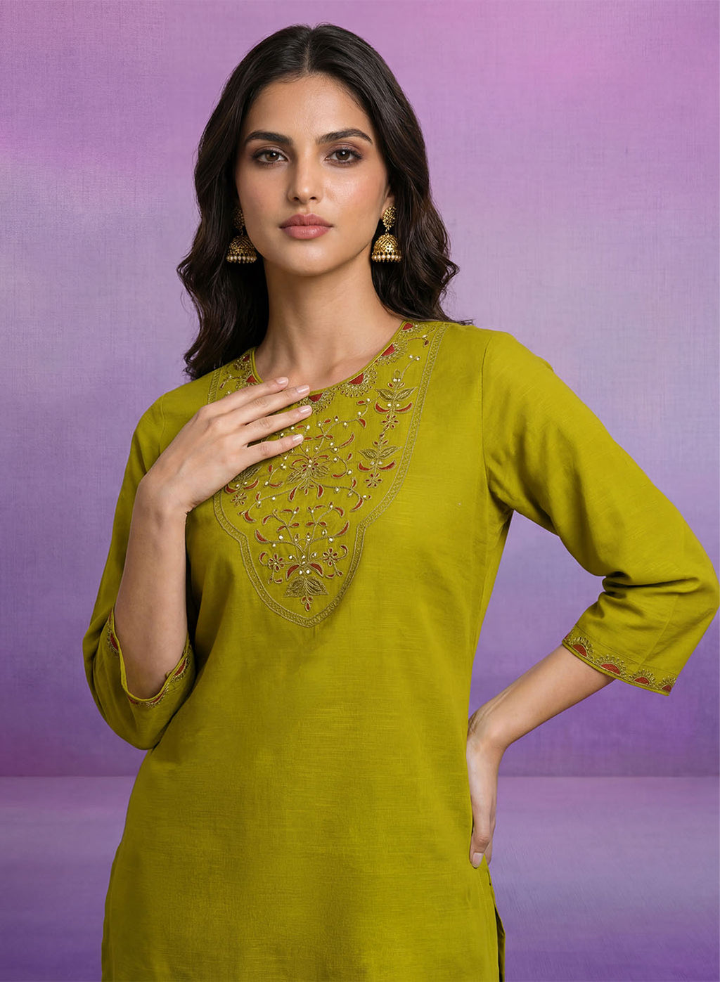 Green Embroidered Cotton blend Kurta Set
