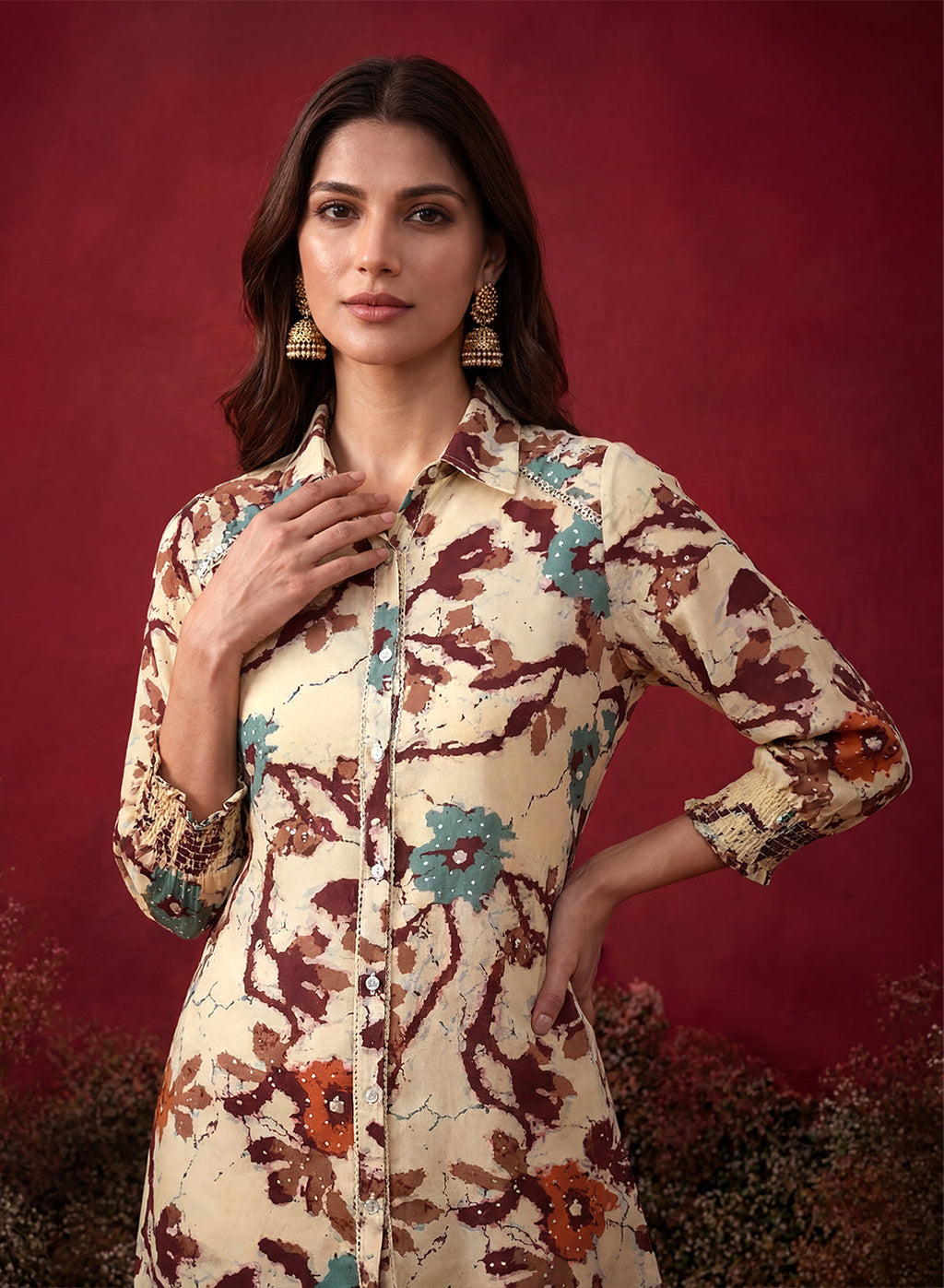 Wine All Over Printed Crepe Shirt