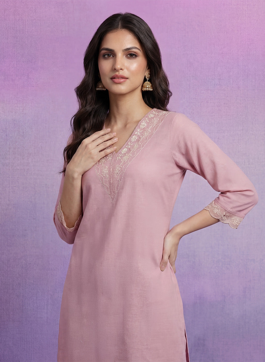 Pink mbroidered Suit Set with Dupatta