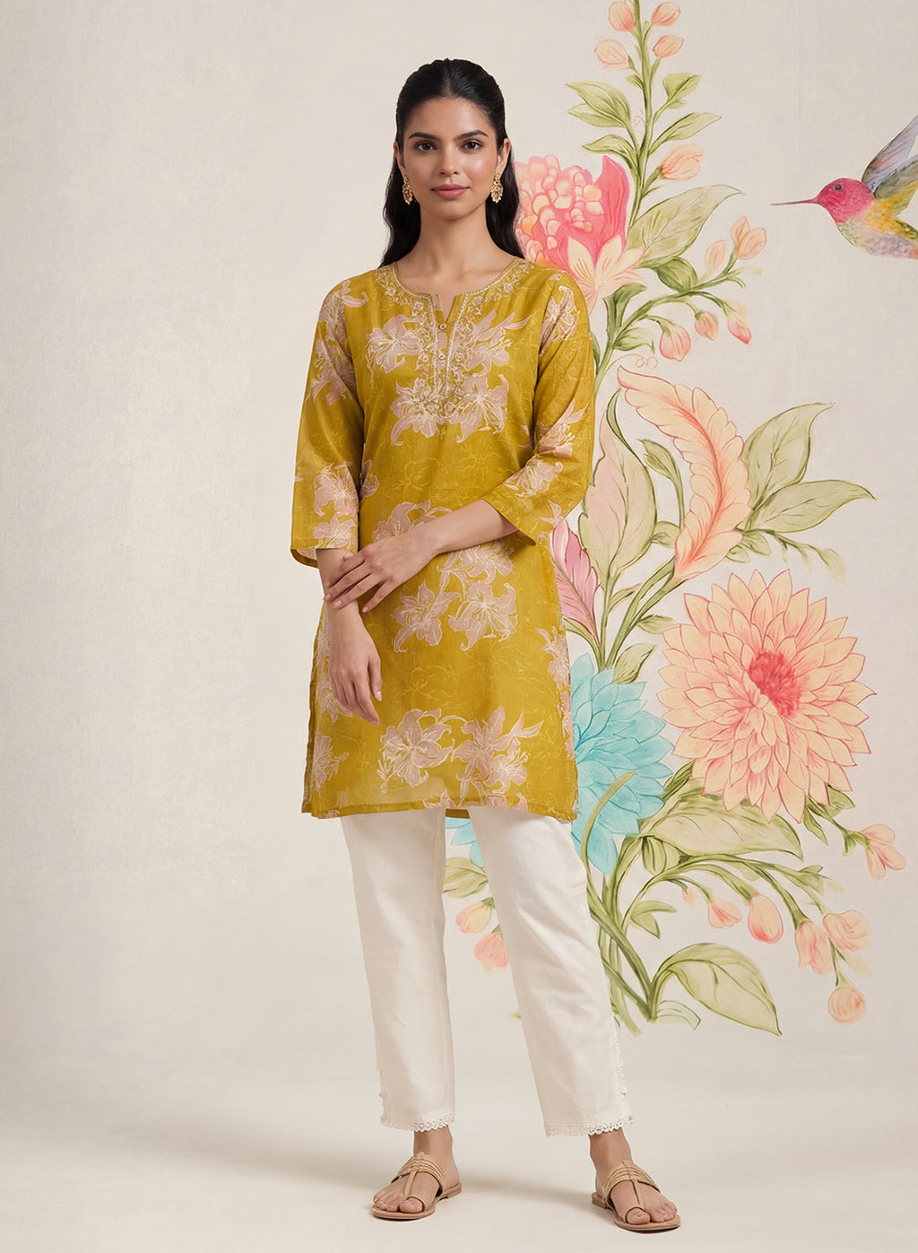 Aboli Mustard Floral Printed Straight Kurti