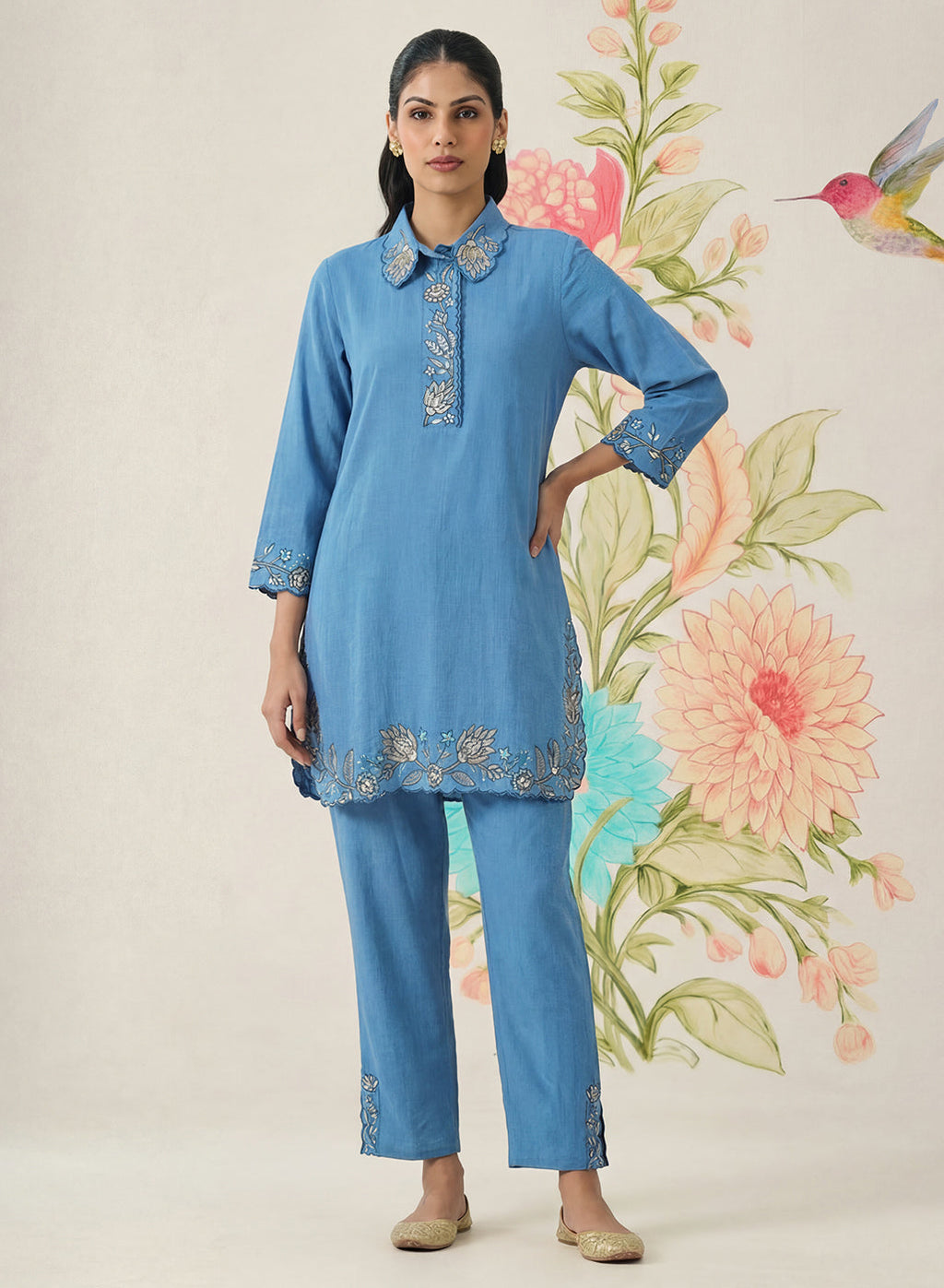 Nayra Blue Embroidered Linen Co-ord Set