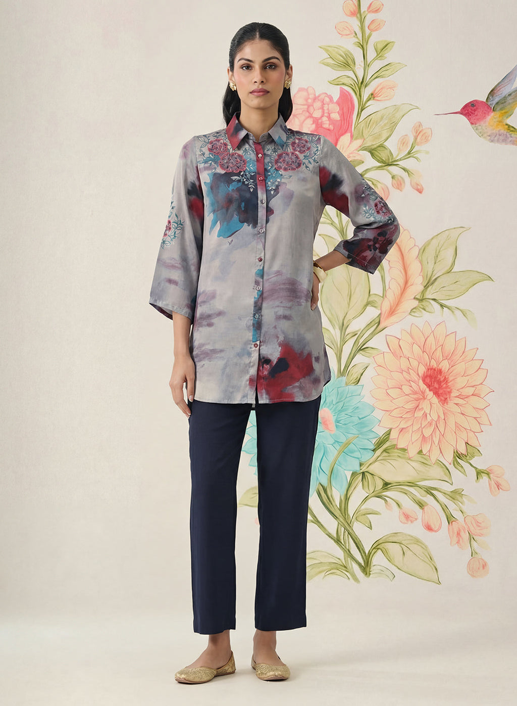 Liz Grey Printed Satin Shirt